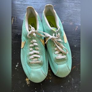 nike turquoise and neon green classic cortez fabric sneakers